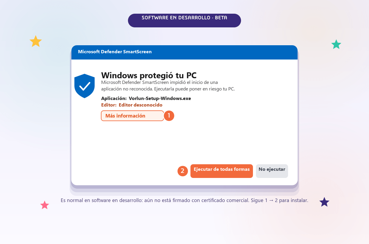 Aviso de Windows SmartScreen: Más información y Ejecutar de todas formas
